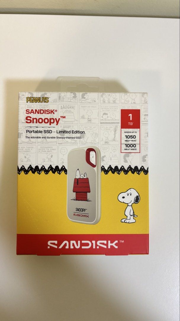 Sandisk Snoopy Portable SSD 1TB (Category: Hard Disks & Thumbdrives) located in Marikina City. Submitted by majojojojoe (Listing ID 1439746487, Image 1). Description: - Limited Edition SanDisk Snoopy Portable SSD - 1TB Storage Capacity - Up to 1050 MB/s Read Speed - Up to 1000 MB/s Write Speed - Durable Design - Features a Snoopy Theme.