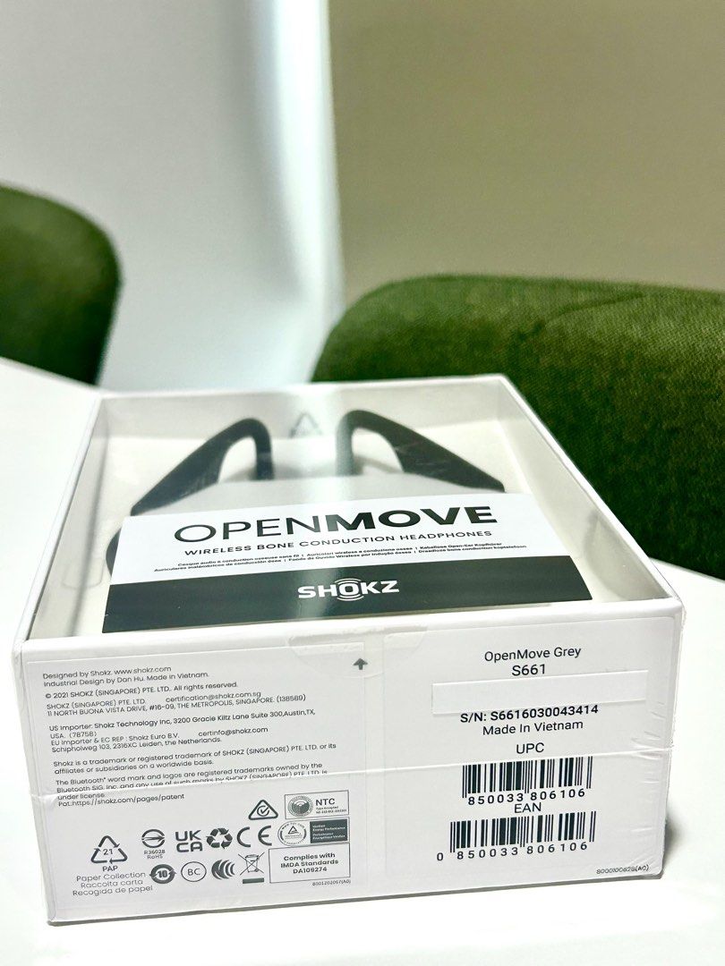 Shokz OpenMove Wireless Bone Conduction Headphones (Category: Headphones & Headsets) located in Mandaluyong City. Submitted by micadaite (Listing ID 1439688910, Image 2). Description: - Shokz OpenMove Wireless Headphones - Color: Grey - Bone conduction technology: Delivers music through your cheekbones - Allows you to stay aware of ambient sounds - Includes: Headphones and sealed box - Made in Vietnam - Model: S661 - Sealed.