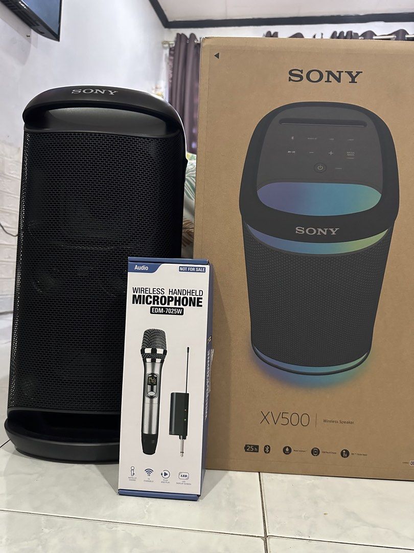 Sony XV500 Portable Bluetooth Speaker (Category: Soundbars, Speakers & Amplifiers) located in Batangas. Submitted by lan_evo (Listing ID 1439544004, Image 1). Description: - Sony XV500 Portable Speaker - MEGA BASS for powerful sound - Up to 25-hour battery life with quick charging - Party Connect to sync up to 100 speakers - Splashproof (IPX4 rated) - Fun party features: lighting, mic/guitar inputs - Portable with built-in carry handles - with fr