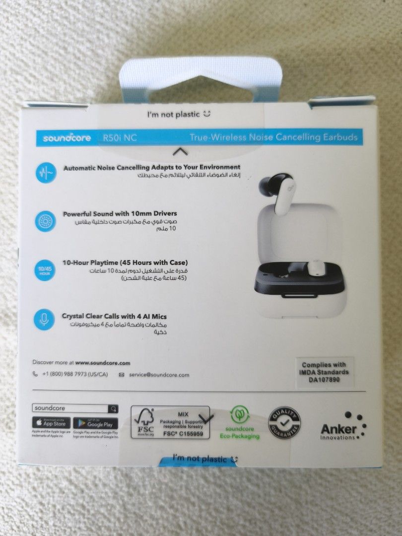 Soundcore R50i NC True Wireless Earbuds (Category: Earphones) located in Singapore. Submitted by kenickt (Listing ID 1439658529, Image 2). Description: - Brand new sealed Soundcore R50i NC earbuds Features: - Auto noise cancelling - 10-hour playtime (45 hours with case) - 4-mic AI clear calls - Includes 2-in-1 charging case and phone stand - Never used, still in original packaging.