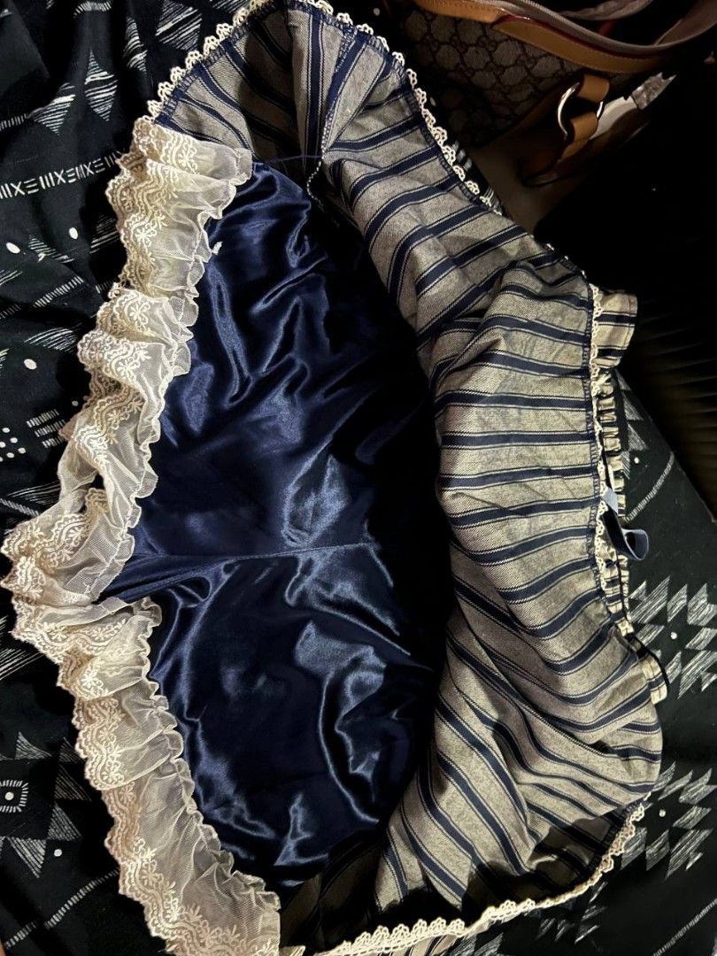 Striped Lace Trim Skirt (Category: Skirts) located in Manila. Submitted by thriftwithlies (Listing ID 1439654526, Image 3). Description: - Striped skirt - Lace trim - Ribbon detail at waist - Dark blue lining - Sturdy material - Label visible in photos.