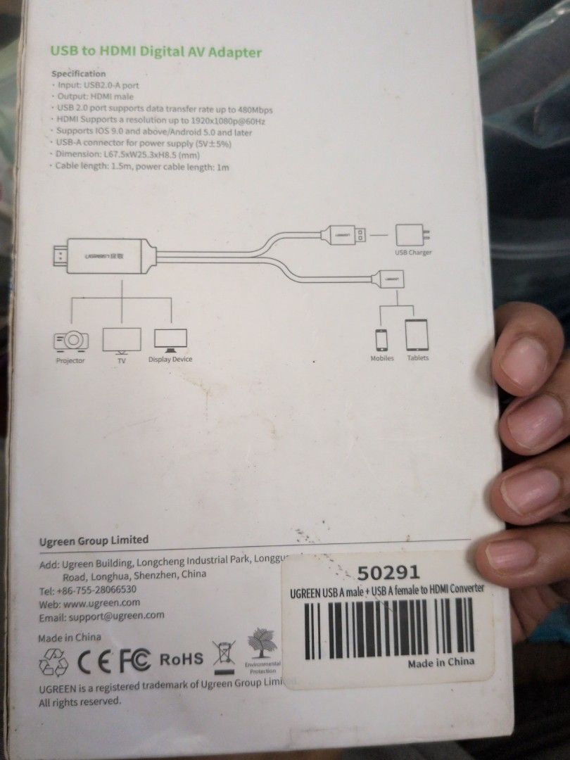 UGREEN USB to HDMI Digital AV Adapter (Category: Cables & Adaptors) located in Manila. Submitted by icedlava (Listing ID 1439680504, Image 2). Description: - UGREEN USB to HDMI Digital AV Adapter - Connect your phone to a TV or monitor. - Features USB, HDMI, and USB connectors. - Supports Full HD resolution. - Brand new and in original packaging..