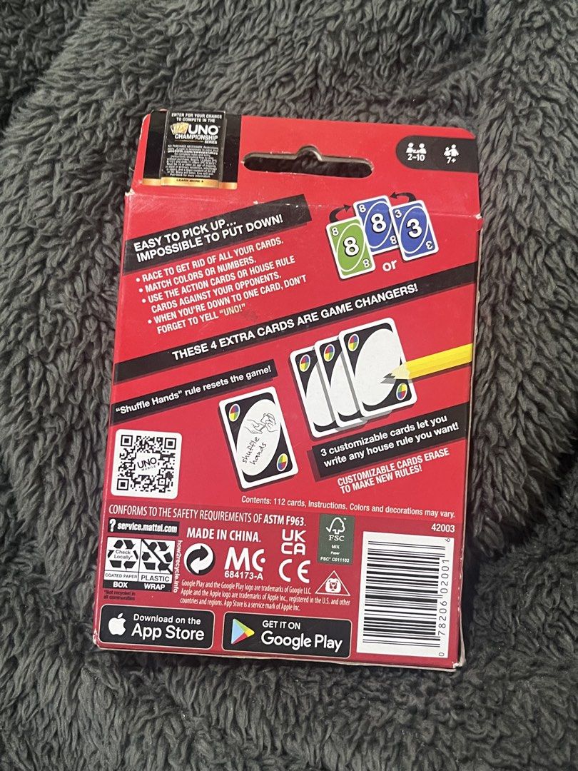UNO Card Game (Category: Board Games & Puzzles) located in Manila. Submitted by ocellus (Listing ID 1439625971, Image 2). Description: - Classic UNO card game - Includes 112 cards and instructions - Features customizable wild cards - For 2-10 players - Ages 7 and up - Easy to learn, fun to play!.