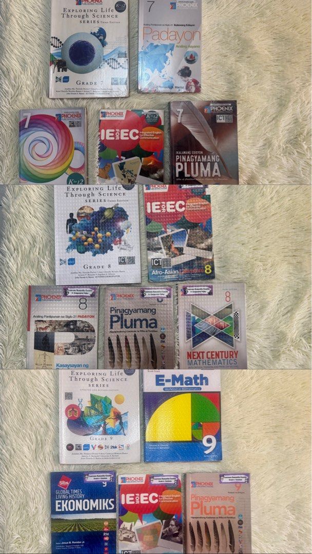 Used Books Grade 7 to 9 (Category: Textbooks) located in Las Pinas. Submitted by Le.Pattie.Luxe (Listing ID 1439652224, Image 1). Description: Pre-loved books from Elizabeth Seton School 📔𝐏𝐡𝐩 𝟑𝟎𝟎 𝐄𝐀𝐂𝐇📔 📕Grade 9 • Exploring Life Through Science Series • E-Math Worktext in Mathematics • Global Times Living History Ekonomiks • Integrated English for Effective Communication • Pinagyamang Pluma 📗Grade 8 • Exploring Life Through Science S