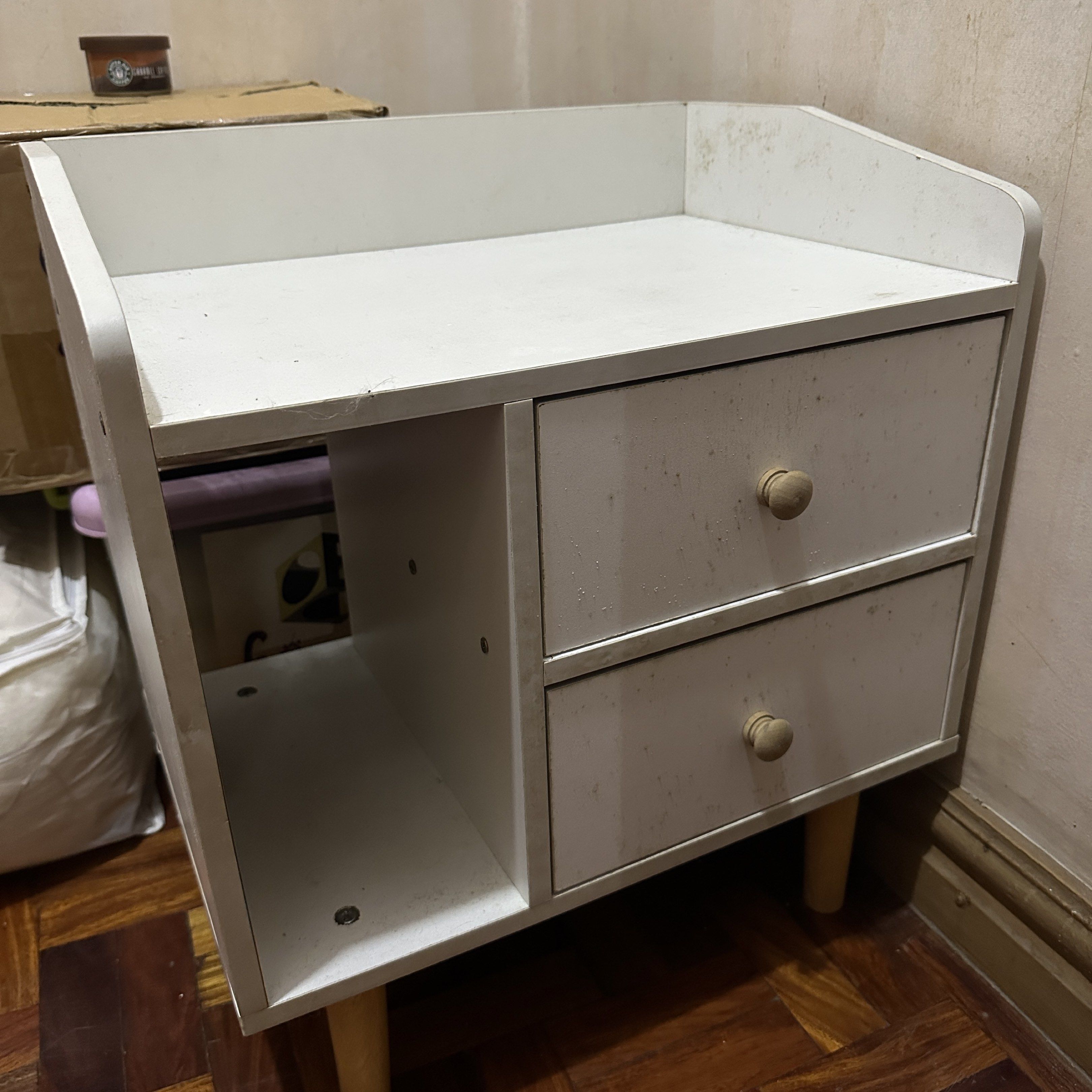 White Nightstand with Drawers (Category: Shelves, Cabinets & Racks) located in Pasig City. Submitted by roorian (Listing ID 1439647478, Image 1). Description: read first: Preloved Japan Hong Kong things and what not. lots of items - bundle includes (in the photos) : 2 organizers ( other one is a rack will send the product preview upon request ) both are bought at the orange app including the price candle warmer japan korea thrifted bags hard toys