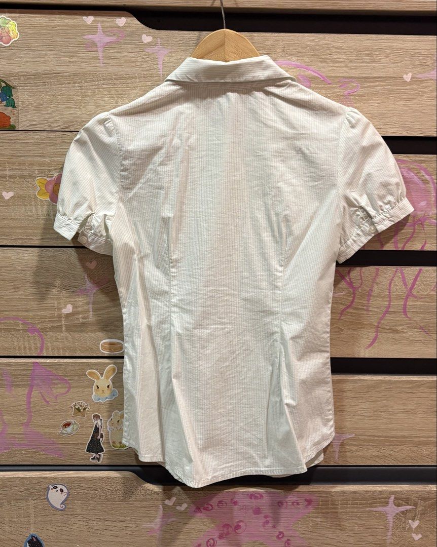 white “office siren” blouse (Category: Blouses) located in Cebu City. Submitted by ynnee (Listing ID 1439745641, Image 2). Description: ᥫ᭡.ִֶָ𓂃 look here!! ❀ white button up blouse w/ thin green lines ❀ puff sleeve w/ button detail ❀ s-m.
