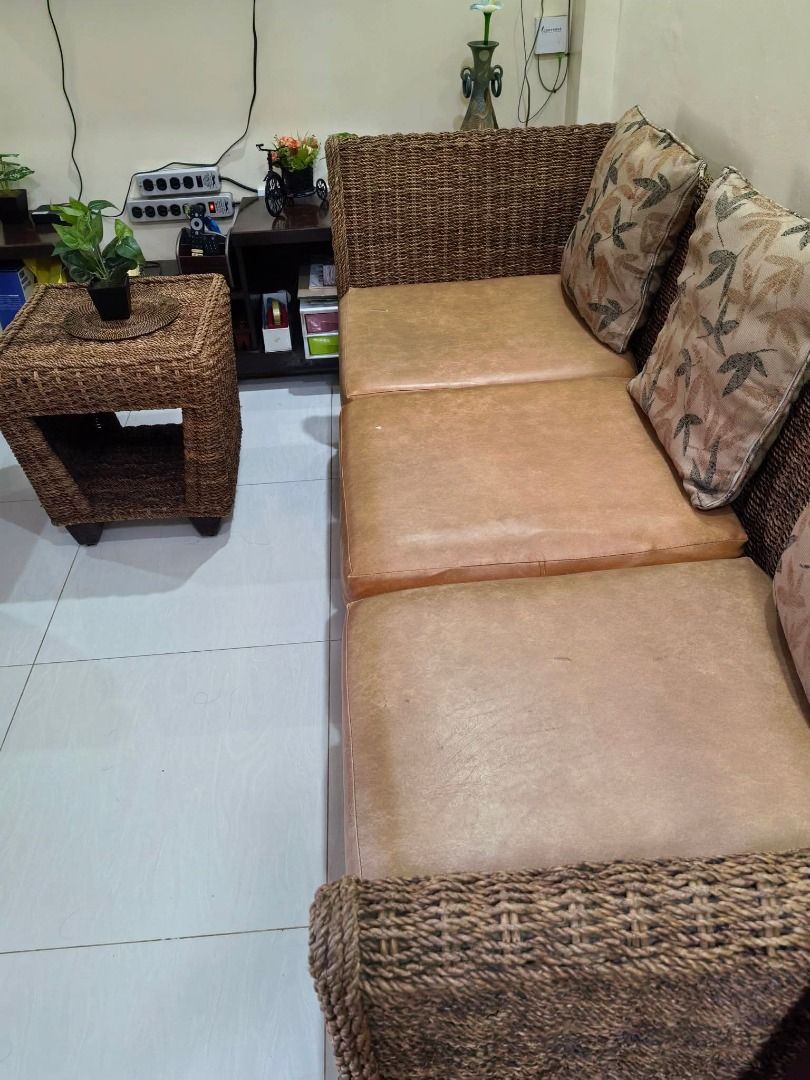 Wicker Sofa Set with Cushions (Category: Sofas) located in Makati City. Submitted by margx.margx (Listing ID 1439791792, Image 2). Description: This is a set of modern Indonesian-style rattan club chair with patterned back cushions and solid brown seat cushions - 4 PCs Wicker sofa set for pick up in Better Living Parañaque - Includes sofa and side table - Sofa features cushions and armrests - Made of woven material (rattan-like) - Light brown cus