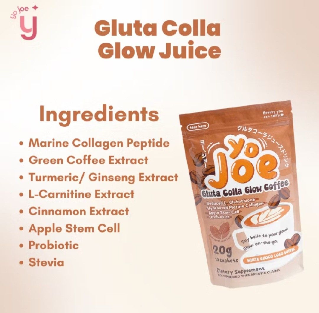 Yo Joe Gluta Colla Glow Coffee 7pcs sachet (Category: Health Food, Drinks & Tonics) located in General Trias. Submitted by cleofe.ph (Listing ID 1439617069, Image 2). Description: RFS: di hiyang saken Original price 399.00.