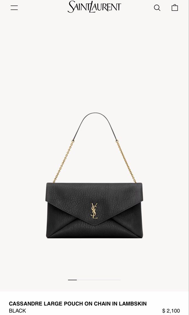 ⚜️YSL cassandre Pouch wallet on chain bag (Category: Luxury Bags & Wallets) located in Makati City. Submitted by 90sangel (Listing ID 1439668569, Image 2). Description: •Item: YSL pouch wallet 🖤 in supple lambskin •Size: X Large chain pouch •Condition: Brand New *Feautures stowable cable chain strap. Can be worn on the shoulder or held as a clutch! 🖤〰️ *Includes original dustbag, cards and big paperbag. — Additional fee for YSL box .