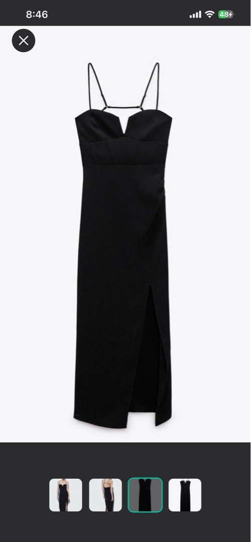 Zara Black Maxi Dress with Slit (Category: Dresses) located in Pasig City. Submitted by _missdee (Listing ID 1439744409, Image 3). Description: - Zara black maxi dress - Elegant V-neckline - Features spaghetti straps - High side slit - Unique back strap design - Perfect for special occasions - Made from a smooth fabric.