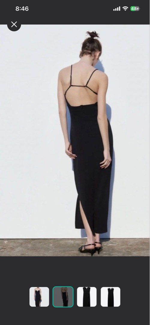 Zara Black Maxi Dress with Slit (Category: Dresses) located in Pasig City. Submitted by _missdee (Listing ID 1439744409, Image 2). Description: - Zara black maxi dress - Elegant V-neckline - Features spaghetti straps - High side slit - Unique back strap design - Perfect for special occasions - Made from a smooth fabric.