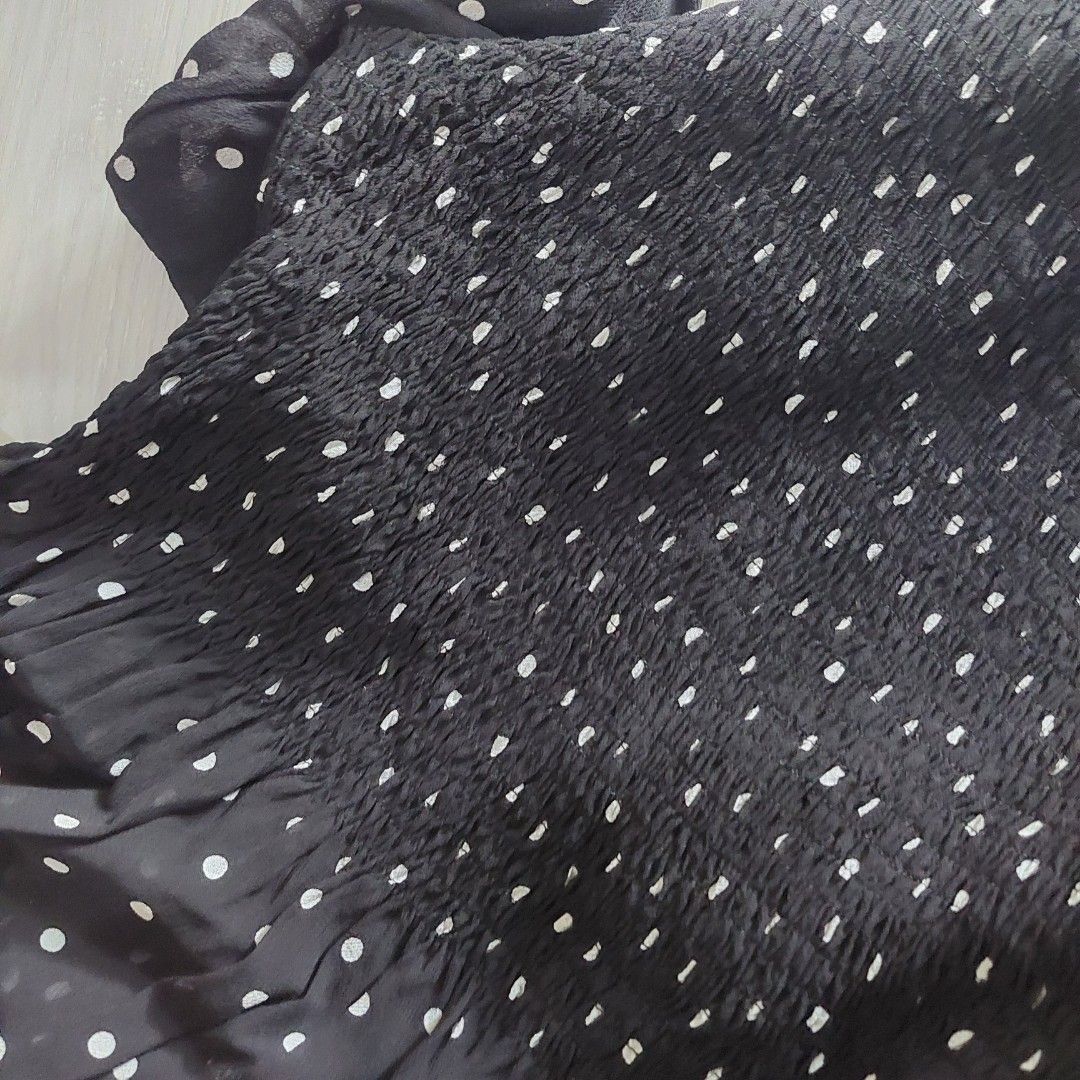 Zara Polka Dot Blouse - Size M (Category: Blouses) located in Governor Generoso. Submitted by cma_rarefitph (Listing ID 1439613796, Image 3). Description: - Zara black blouse with white polka dots - Size: M - Features: Long sleeves, shirred bodice, round neckline, flared hem - Material: Lightweight - Made in Turkey.