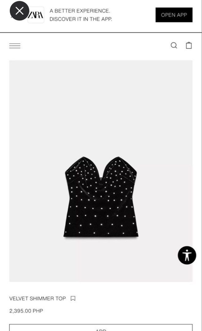 Zara Velvet Shimmer Top (Category: Others Tops) located in Cebu City. Submitted by declairetter (Listing ID 1439781622, Image 2). Description: - Zara velvet shimmer top - Strapless design - Sweetheart neckline - Embellished with sparkling rhinestone crystal details - Fitted silhouette - Hidden zipper closure - Perfect for special occasions - great for night outs very flattering only used once. hmu.