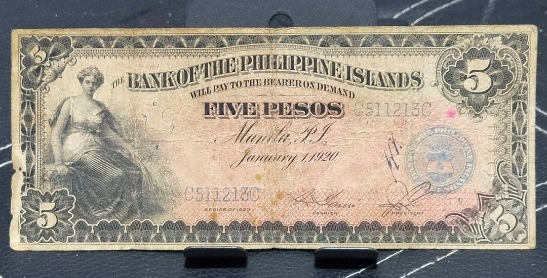 1920 BPI 5 Pesos (Category: Currency) located in Manila. Submitted by wildcrystal.3b537c (Listing ID 1439982185, Image 1). Description: Vf cond.