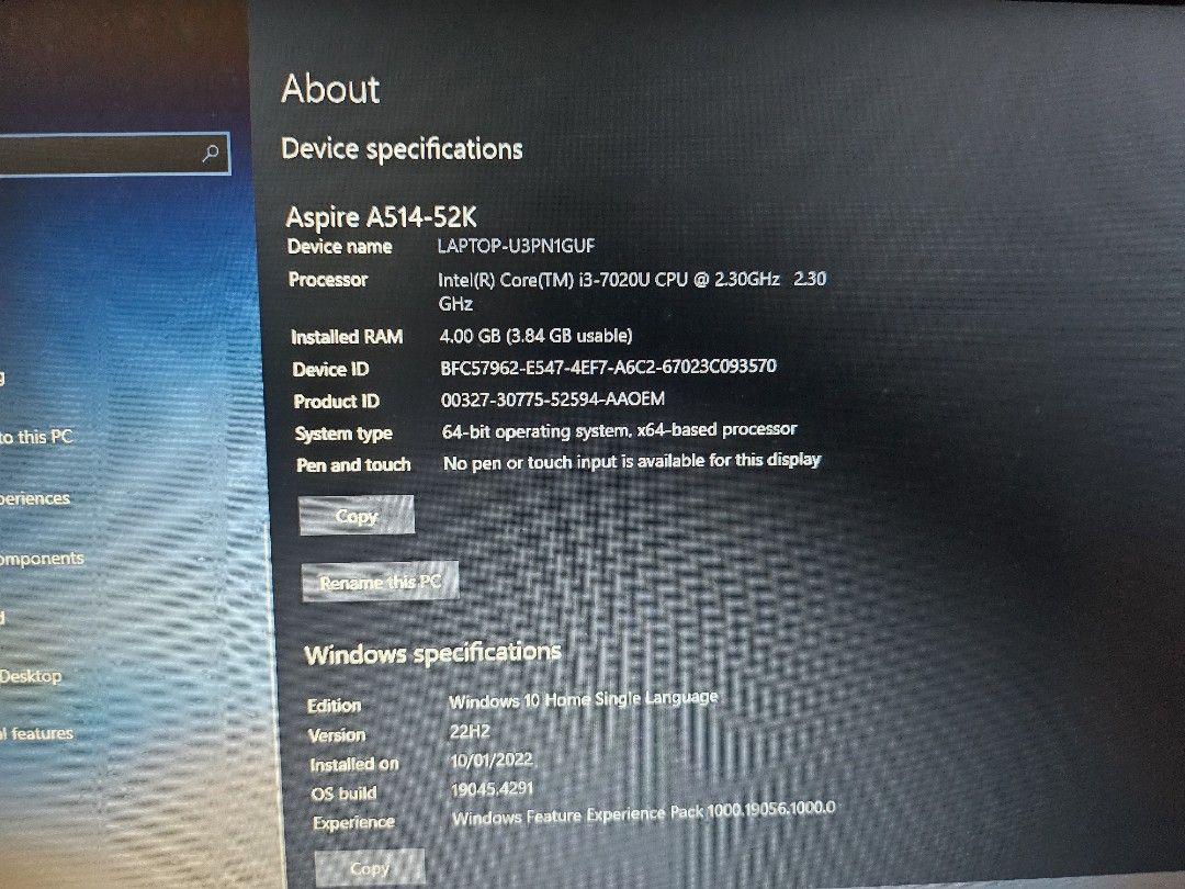 Acer Aspire 5 Laptop (Category: Laptops & Notebooks) located in Quezon City. Submitted by benpiko (Listing ID 1439920702, Image 3). Description: - Acer Aspire 5 Laptop (Model A514-52K) - Intel Core i3-7020U Processor - 4GB DDR4 RAM - 1TB Hard Drive Storage - 14-inch HD Acer ComfyView LED-backlit Display - Windows 10 Home Pre-installed - Bluetooth 5.0 - HDMI Port Bought at Villman. I used this for work for around a few months, still in great condi