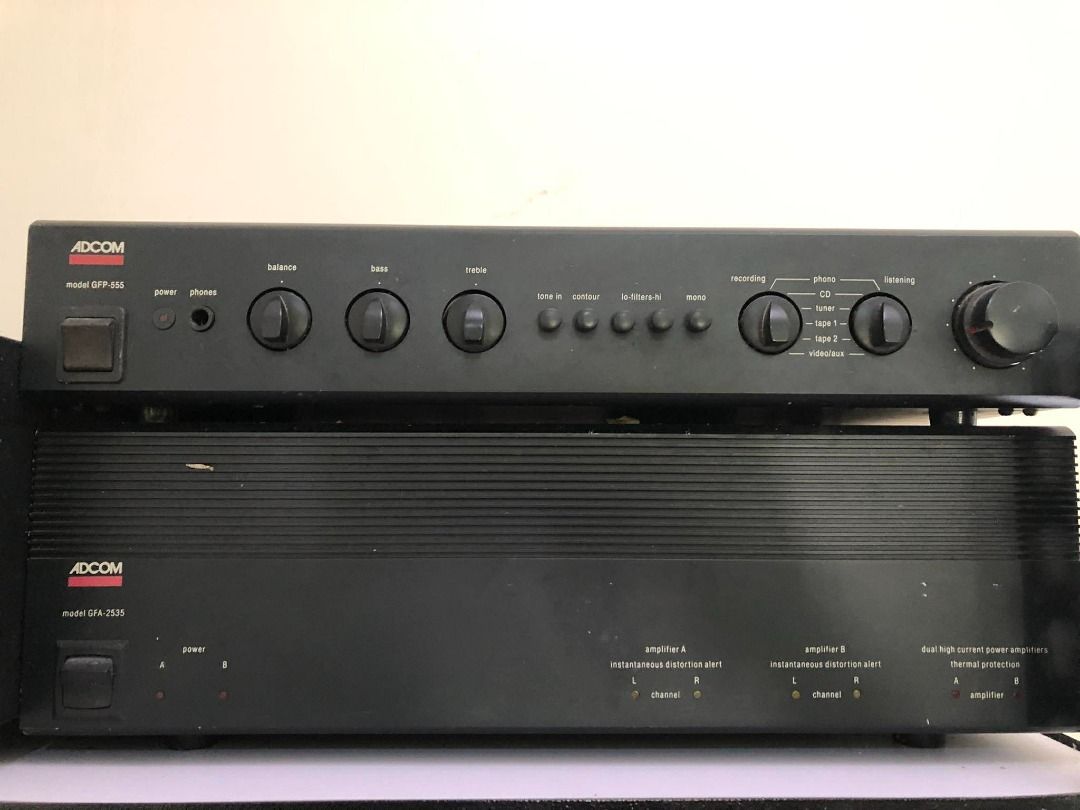 Adcom Pre Amplifier and Adcom power amplifier (Category: Soundbars, Speakers & Amplifiers) located in Iloilo. Submitted by eulneversee (Listing ID 1439835467, Image 2). Description: 1.)Adcom model GFP-555 Preamplifier (Year 1986-90) Specifications: Frequency response: 5Hz to 85kHz Total harmonic distortion: 0.003% Input sensitivity: 2.3mV (MM), 200mV (line) Signal to noise ratio: 90dB (MM), 100dB (line) Channel separation: 75dB (line) Output: 2V 