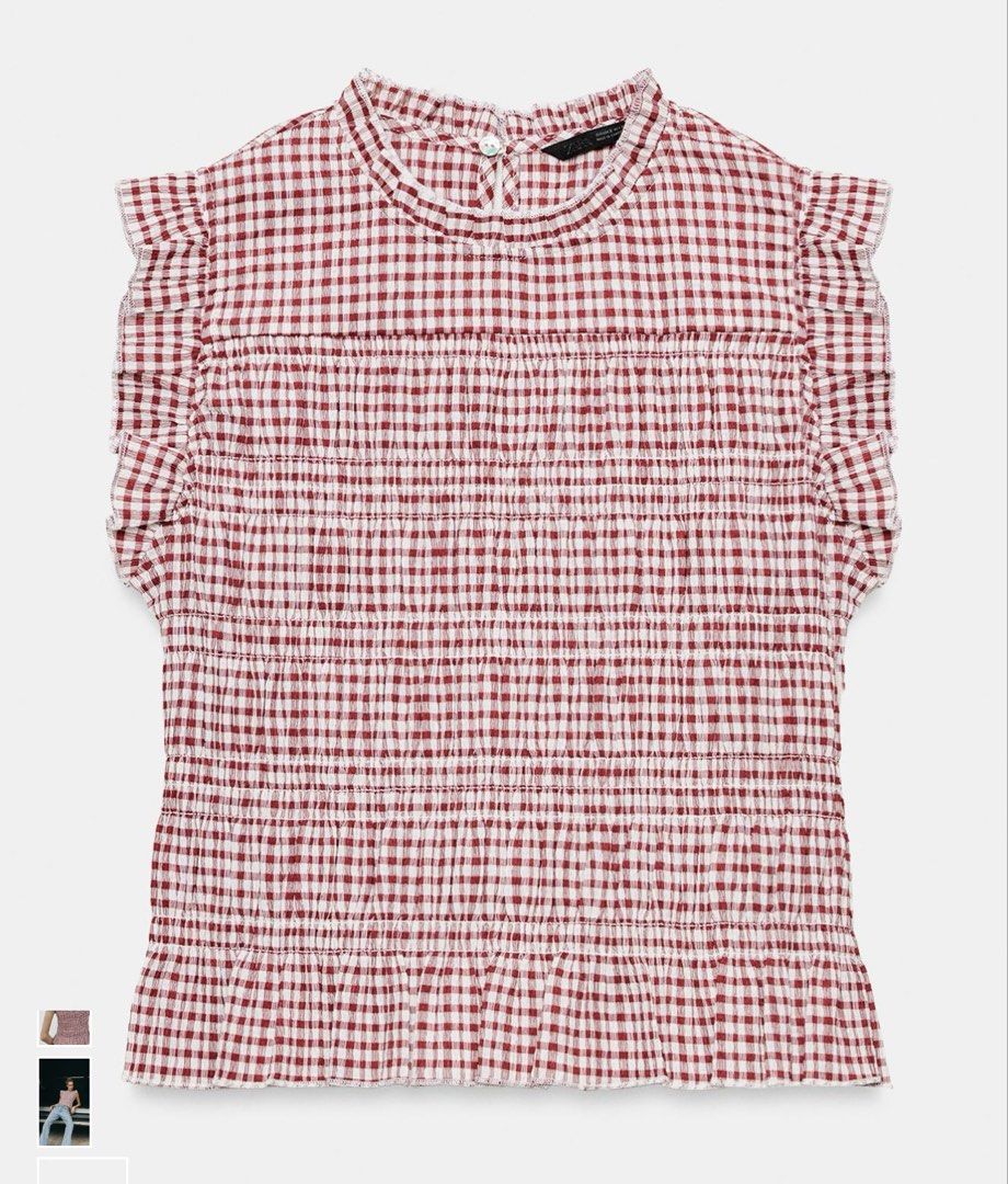BNWT Zara Gingham Smocked Top (Ecru & Maroon) (Category: Sleeveless) located in Pasig City. Submitted by goodygoodfinds (Listing ID 1439854718, Image 1). Description: - Red and white checkered pattern - Round neckline - Ruffled sleeves - Fitted bodice - Ruffled hem - Lightweight fabric - Perfect for high-waisted bottoms RFS: Decluttering Price is final Sold out in store & online.