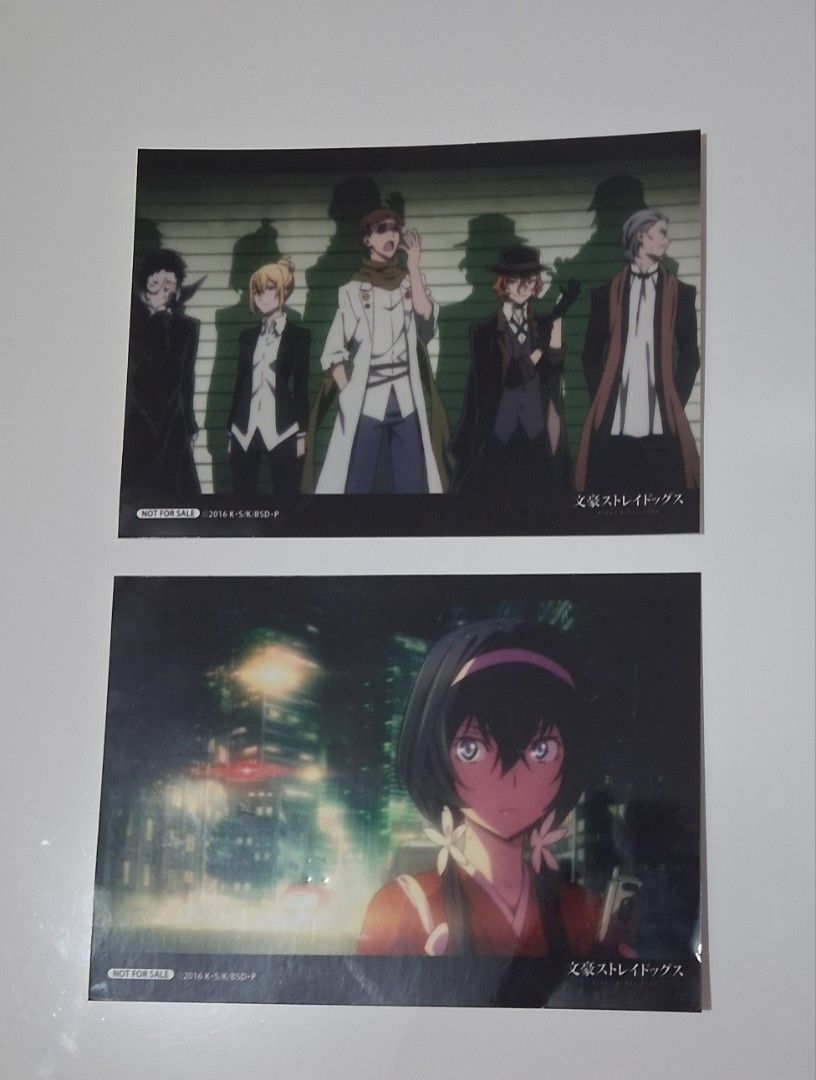 Bungo Stray Dogs Anime Bromide (Category: Stamps & Prints) located in Quezon City. Submitted by coll.cleyaz (Listing ID 1439917690, Image 2). Description: Bungo Stray Dogs Anime Bromide Featured Prints: Kyouka Izumi Port Mafia 45 Pesos each. Bought from a convention more than 6 years ago. Please manage expectations as these are old prints. Some parts may be dented/bent or have marks. Please do not buy if you don't like bromides with some flaws. *