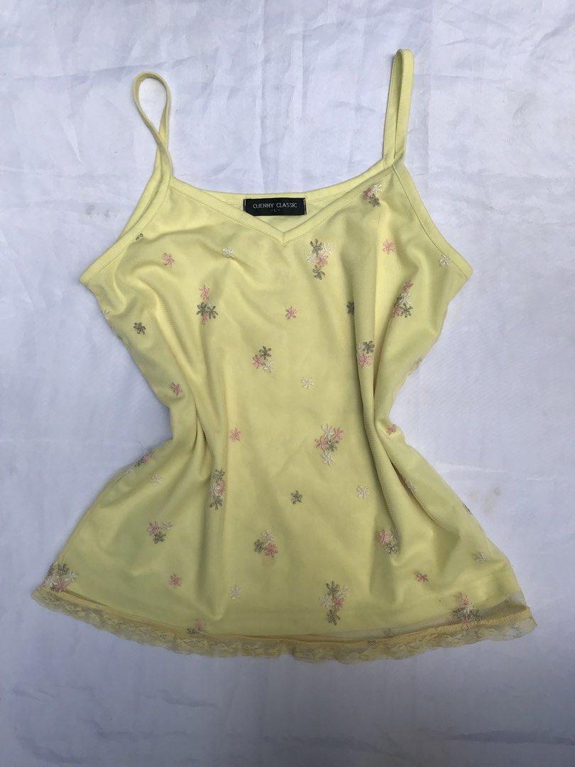 butter yellow cami lace top (Category: Sleeveless) located in Quezon City. Submitted by chexmix (Listing ID 1439849584, Image 2). Description: best fit for xs to small has lace detailing flowers detailing are embroidered location: quezon city.