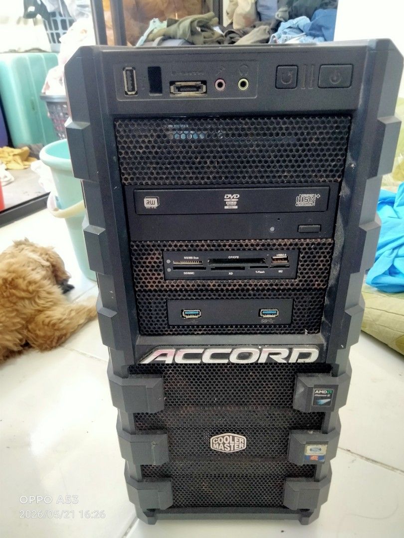 Cooler Master Accord ATX Mid Tower Computer Case (as-is) (Category: Desktops) located in Binan City. Submitted by rpute (Listing ID 1439987140, Image 1). Description: - Cooler Master Accord ATX mid-tower computer case - Front panel: USB, HDMI, Audio ports - Includes DVD drive and multi-card reader - Large side fan for efficient cooling - Comes with Seasonic 380W power supply unit - Ample internal space for components -not included motherboard, ra