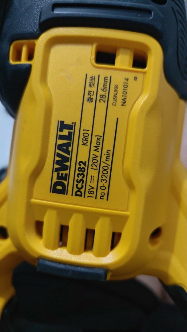 DeWALT DCS382 18V Reciprocating Saw (Category: Construction Tools & Equipment) located in Binan City. Submitted by closet_in_disguise (Listing ID 1439831462, Image 2). Description: DeWALT DCS382 Reciprocating Saw - 18V (20V Max). Cuts various materials. Speed: 0-3200/min. Stroke: 28.6mm. Color: Yellow/Black. Unit: Unit only @ 10k Set: Unit, battey & charger @ 15k Price: sl.negotiable .