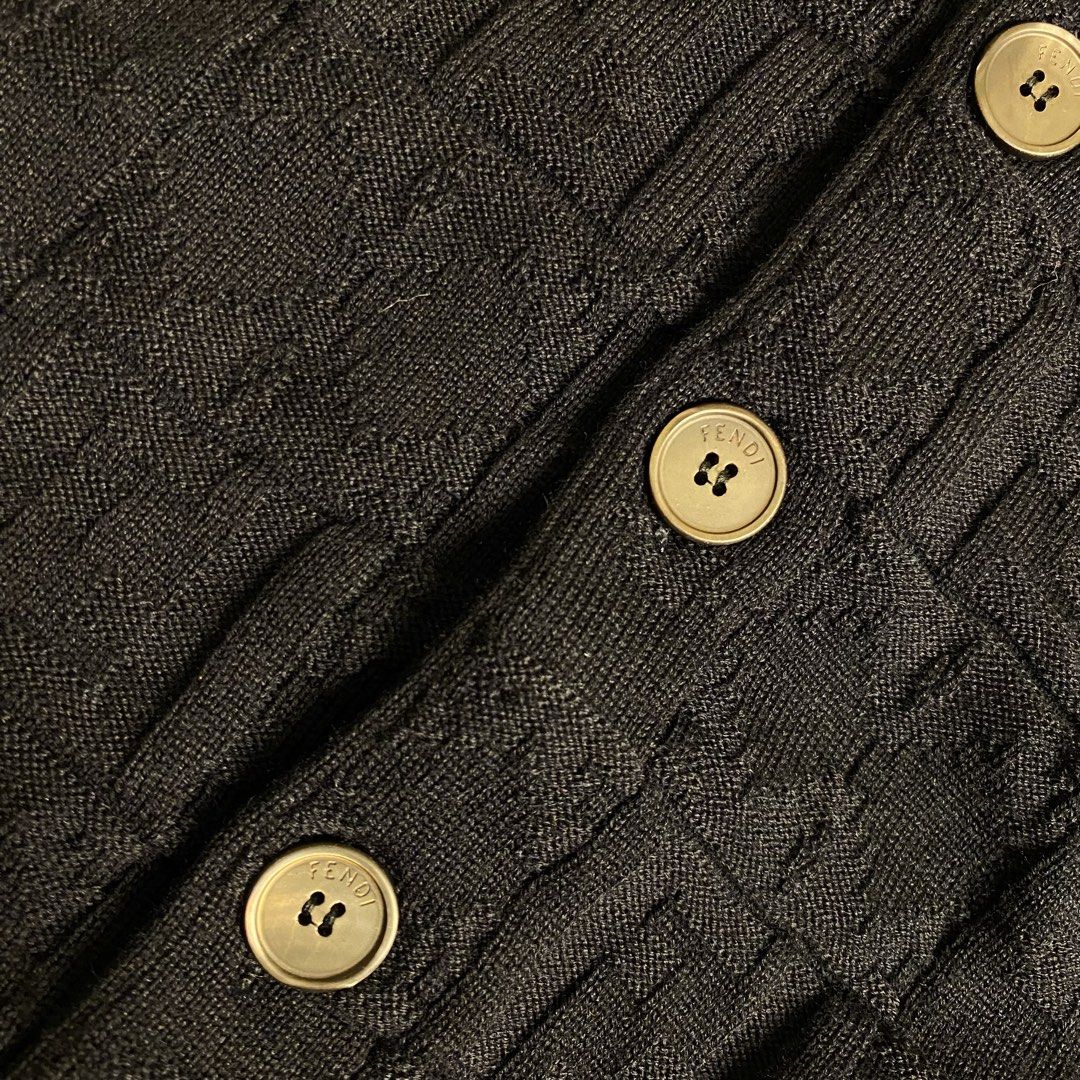 Fendi Zucca monogram textured wool cardigan (Category: Luxury Apparel) located in Cebu City. Submitted by streetguruthrift (Listing ID 1439815188, Image 3). Description: Fendi Zucca monogram textured wool cardigan ✨Featuring a classic V-neckline, front button closure, and dual patch pockets. The tone-on-tone basket-weave knit creates a raised, blocky variation of the iconic Fendi FF motif across the entire garment, offering a subtle yet distinct 