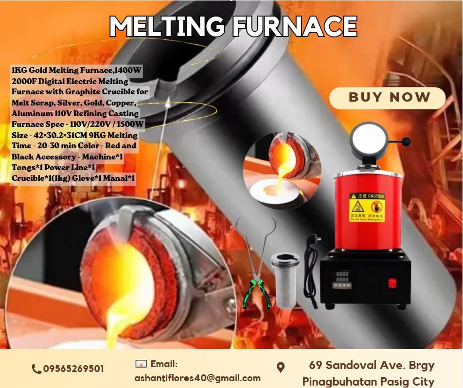 For Sale 1KG Gold Melting Furnace,1400W 2000F Digital Electric Melting Furnace (Category: Looking For) located in Caloocan City. Submitted by coolstorm-71de73 (Listing ID 1439900711, Image 1). Description: ✅ Big discount for bulk orders ✅ 100% LEGIT TRUSTED SUPPLIER! ✅ With Complete Legal Documents ✅ BIR Registered 1KG Gold Melting Furnace,1400W 2000F Digital Electric Melting Furnace with Graphite Crucible for Melt Scrap, Silver, Gold, Copper, Al