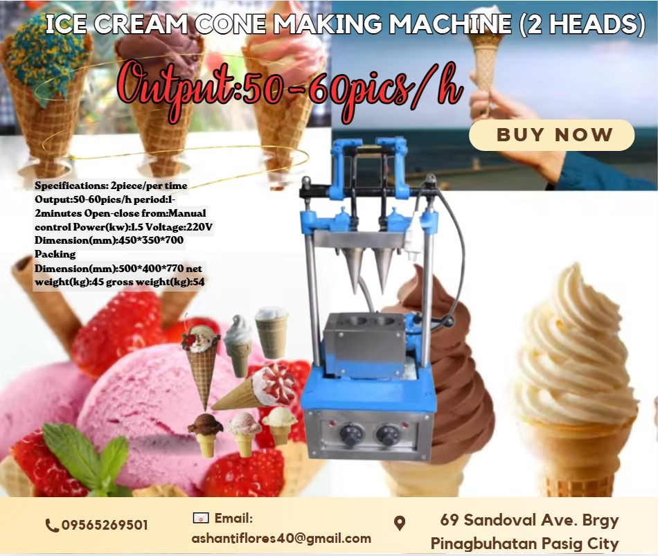 For Sale Ice Cream Cone Making Machine (Category: Construction Tools & Equipment) located in Caloocan City. Submitted by coolstorm-71de73 (Listing ID 1439901287, Image 1). Description: ✅ Big discount for bulk orders ✅ 100% LEGIT TRUSTED SUPPLIER! ✅ With Complete Legal Documents ✅ BIR Registered Specification: Capacity: 50-60pcs/hour Power: 220v, 1.8kw Cone pcs: 2 Weight: 54kg Dimension: 450x350x700mm.