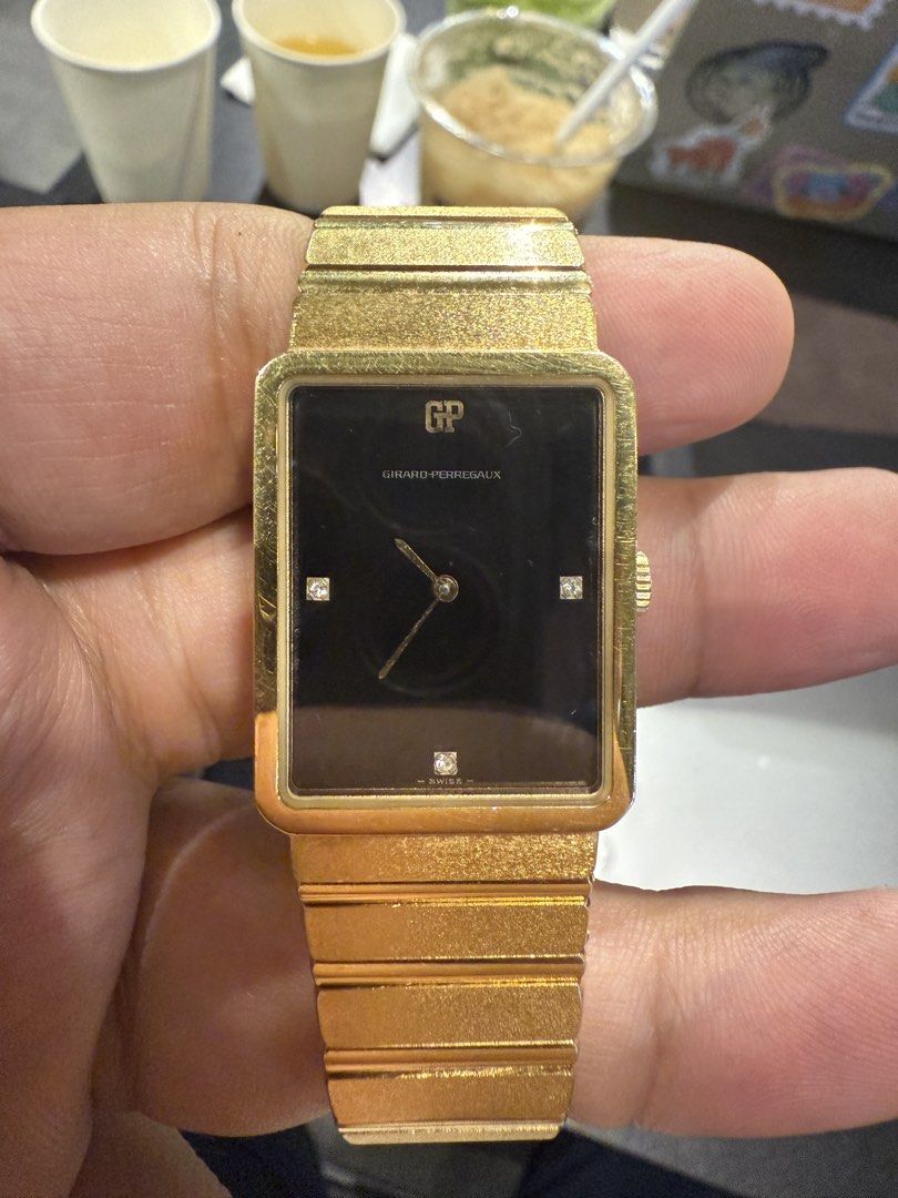 Girard Perregaux Vintage Watch (Category: Luxury Watches) located in Manila. Submitted by bruthurscomics (Listing ID 1439817337, Image 1). Description: Brand: Girard Perregaux Model Name: Men’s Girard Perregaux Gold Plated Manual Wind Black Diamond Dial Rectangular Watch Model Number: 4696JA Year: Serial Number: Gender: Men’s/Unisex Movement: Original Girard Perregaux manual wind movement. Jewels: 17 Caliber: T41 Case: 18k yellow gold plated rect
