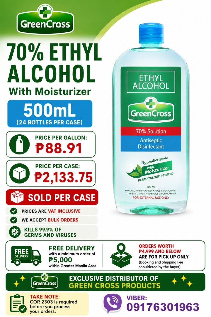 Green Cross 70% Ethyl alcohol with moisturizer 500ml (Category: Sanitizers & Disinfectants) located in Quezon City. Submitted by gielyn2 (Listing ID 1439962421, Image 1). Description: 🧴 Green Cross 70% Ethyl Alcohol with Moisturizer – 500mL 📦 24 Bottles per Case 💰 Price per Bottle: ₱88.91 📦 Price per Case: ₱2,133.75 ✅ SOLD PER CASE ✅ Prices are VAT Inclusive ✅ We Accept Bulk Orders 🦠 Kills 99.9% of Germs and Viruses ✨ With Moisturizer ✨ Perf