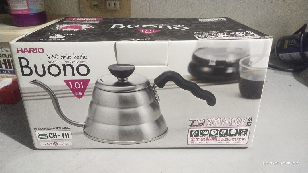 Hario V60 Buono Drip Kettle 1.0L (Category: Coffee & Tea Tableware) located in Manila. Submitted by mrmt1988 (Listing ID 1439975799, Image 1). Description: - Hario V60 Buono Drip Kettle - 1.0L Total Capacity (0.6L Practical Capacity) - Stainless Steel Construction - Designed for Precise Pour-Over Coffee - Suitable for All Heat Sources.