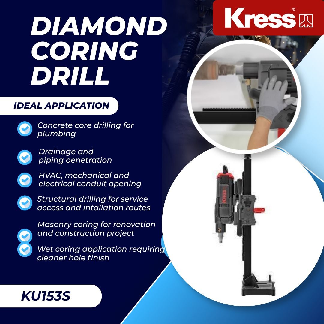 KRESS KU153S DIAMOND CORING DRILL (Category: Construction Tools & Equipment) located in Quezon City. Submitted by dito-mura2025 (Listing ID 1439831754, Image 1). Description: The Kress KU153S Diamond Coring Drill is a high-power 3500W core drilling machine designed for professional concrete coring applications. With a low-speed high-torque range of 0–550 rpm and M22 drill bit interface, it supports controlled wet coring for clean, accurate openin