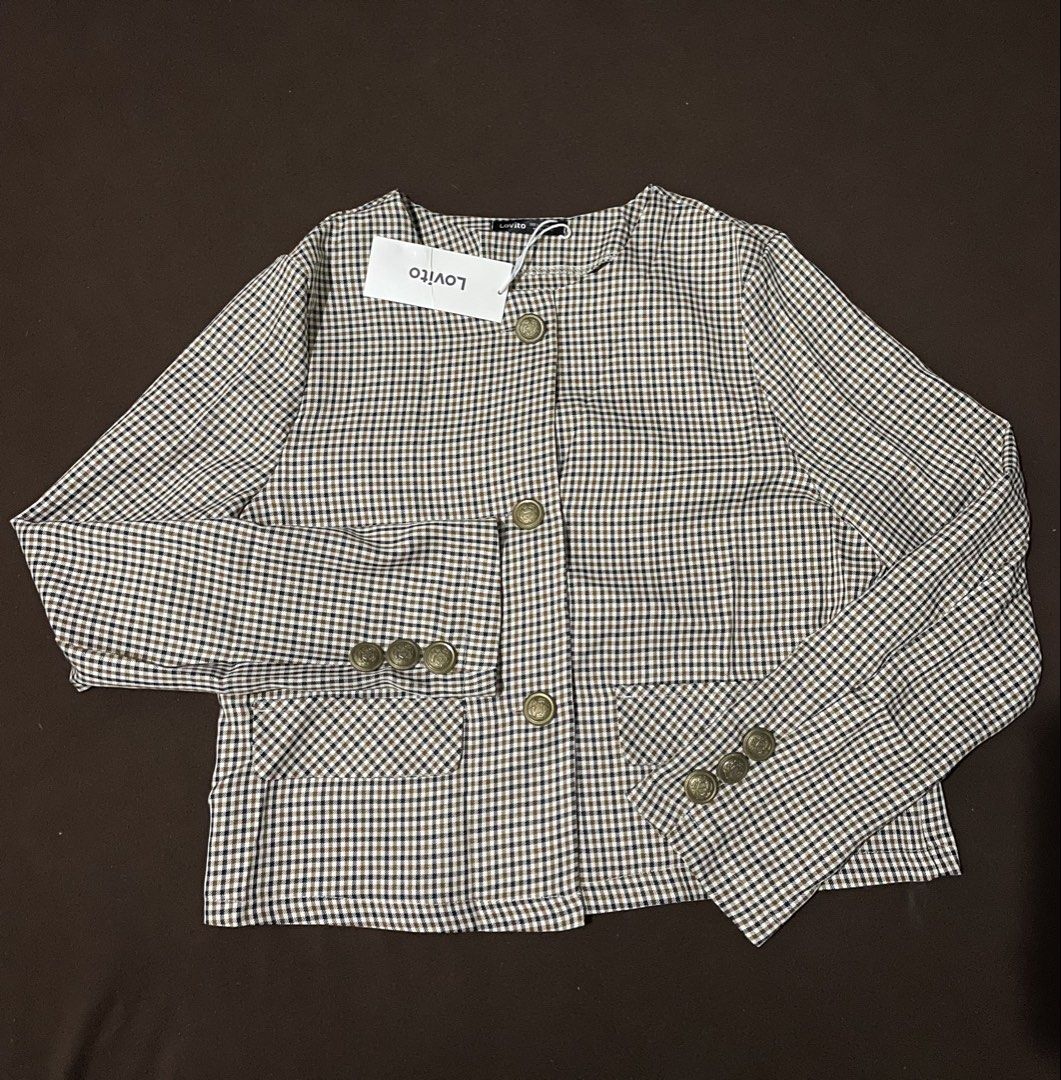 Lovito Plaid Blazer with Gold Buttons (Category: Coats, Jackets and Outerwear) located in Plaridel. Submitted by julien_stuff (Listing ID 1439932884, Image 1). Description: - Stylish plaid blazer from Lovito CAN FIT FROM SMALL TO MEDIUM - Classic collarless design - Four ornate gold-tone front buttons - Two functional flap pockets - Gold-tone buttons on cuffs - Versatile for smart casual or formal occasions.