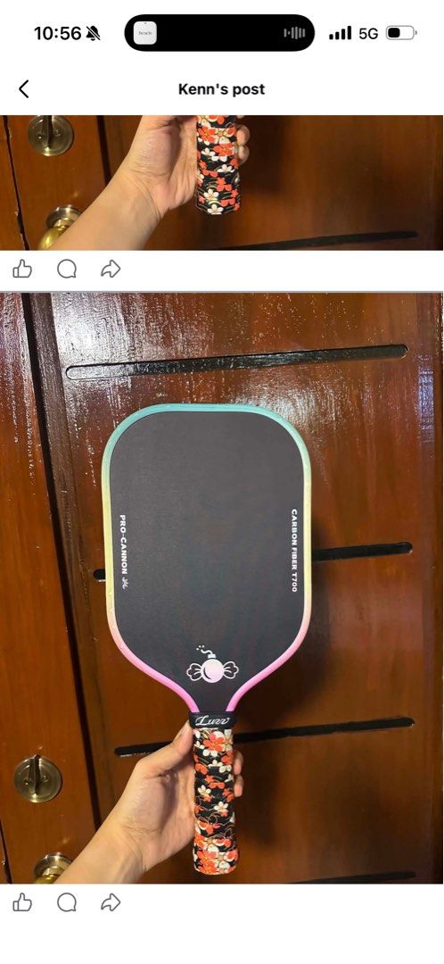 Luuv Pro-Cannon Carbon Fiber T700 Pickleball Paddle (Category: Racket and Ball Sports) located in Manila. Submitted by ajgxx (Listing ID 1439901463, Image 1). Description: - Luuv Pro-Cannon Pickleball Paddle - Premium Carbon Fiber T700 construction for superior performance - Eye-catching rainbow gradient edge design - Unique floral-patterned grip for comfort and style - Comes with a protective black carrying case - Ideal for players seeking both 