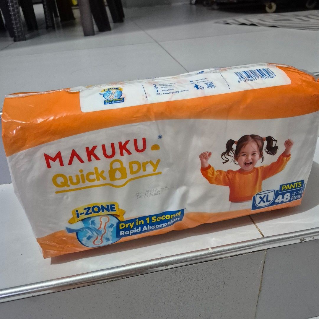 MAKUKU Quick Dry Pants XL 48pcs (Category: Diapers & Baby Wipes) located in Malabon City. Submitted by jfshop_online (Listing ID 1439863843, Image 2). Description: 17/12/2028 Expiration.