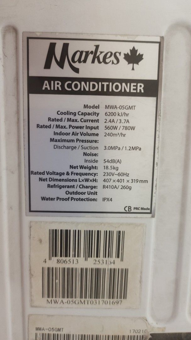 Markes Air Conditioner MWA-05GMT (Category: Air Conditioning and Heating) located in Quezon City. Submitted by methodstudios (Listing ID 1439810692, Image 3). Description: - Brand: Markes - Model: MWA-05GMT 0.5HP - Cooling Capacity: 6200 kJ/hr - Power: 560W/780W - Current: 2.4A/3.7A - Voltage/Frequency: 230V-60Hz - Air Volume: 240m³/hr - Refrigerant: R410A - Net Weight: 18.5kg - Dimensions: 407 x 401 x 319mm - Waterproof Protection: IPX4.