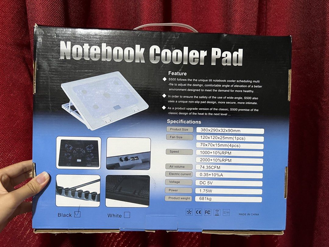 Laptop cooler elevated stand for laptop Notebook Cooler Pad S500 (Category: Other Accessories) located in Taguig. Submitted by doyoungkskdkxndj (Listing ID 1439840728, Image 2). Description: - Multiple fans for efficient cooling - Blue LED lights - Adjustable elevation for comfortable viewing - Compatible with 12-17 inch laptops - Non-slip pad design for secure use - Product specifications include size, fan size, speed, air volume, and power (det