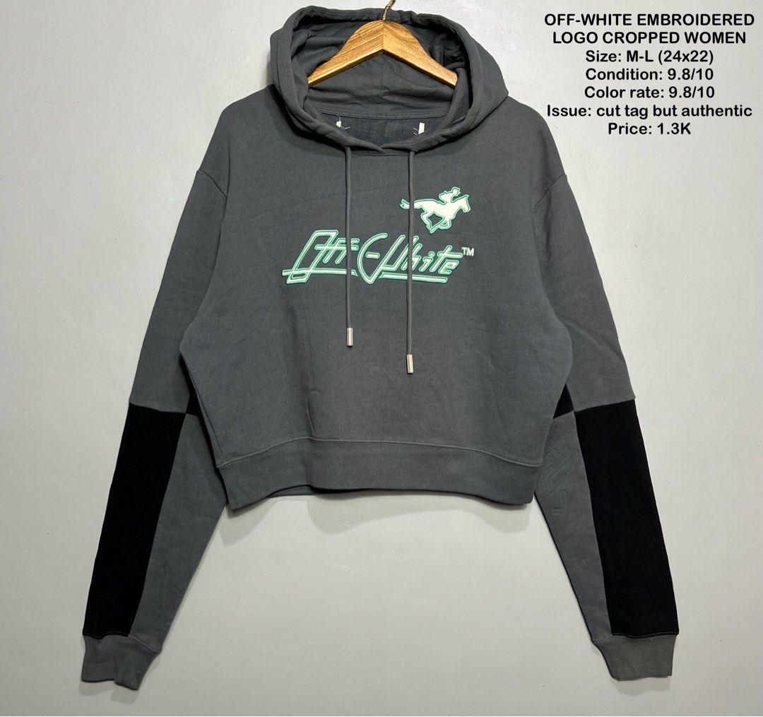 OFF-WHITE EMBROIDERED LOGO CROPPED WOMEN (Category: Luxury Apparel) located in Bulan. Submitted by moonfindsthrifteditems (Listing ID 1439966260, Image 1). Description: Size: M-L (24x22) Condition: 9.8/10 Color rate: 9.8/10 Issue: cut tag but authentic Price: 1.3K.