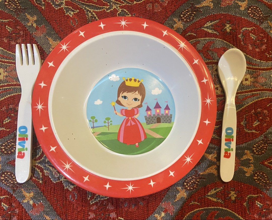 OLIVIA - Princess Design Kids' Plate, Fork, and Spoon Set (Category: Dinnerware & Cutlery) located in Pasig City. Submitted by egoo11 (Listing ID 1439935692, Image 1). Description: - Adorable Princess Dinnerware Set personalized for 'Olivia' - Set includes: 1 Plate, 1 Fork, 1 Spoon - Plate features a colorful princess and castle graphic - Plate rim has a charming red star pattern - Perfect for making mealtime enjoyable for kids Hard plastic mater