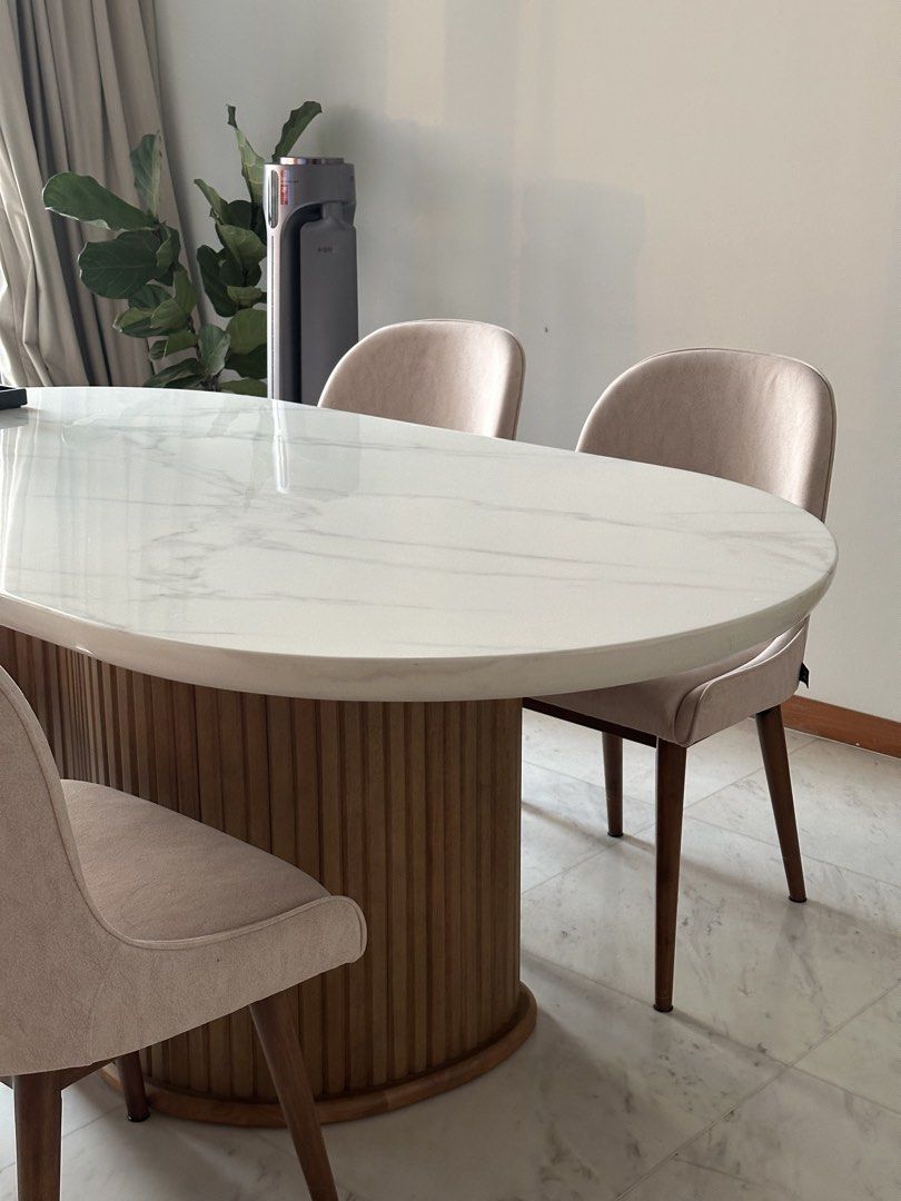Oval Marble Dining Table with 4 Velvet Chairs, Furniture &amp; Home Living ...