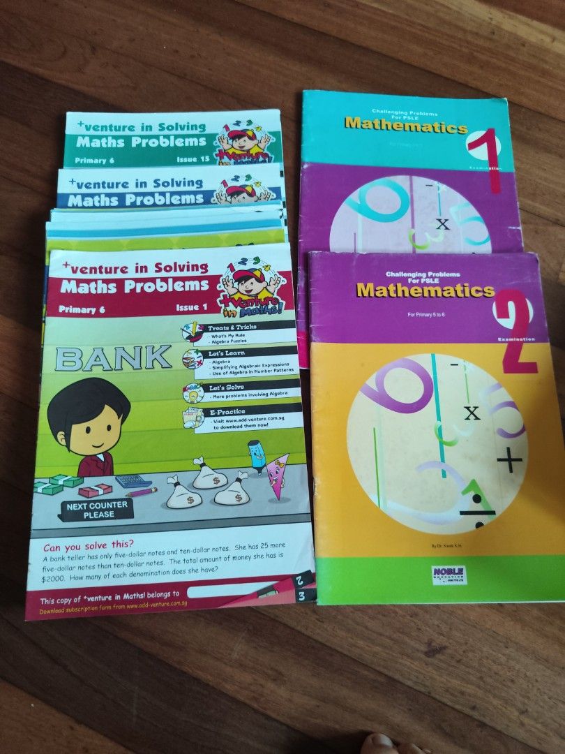 Primary Six Maths Problem Books (Category: Assessment Books) located in Singapore. Submitted by greentrio (Listing ID 1439886607, Image 1). Description: - Includes: 'AdVenture in Solving Maths Problems' magazines issue 1 to issue 15 and 'Challenging Problems for P6 Mathematics' part 1 & 2 - Great for extra practice with harder questions, ADventure has explanations and questions to attempt (used) - Helps improve problem-solving skills..