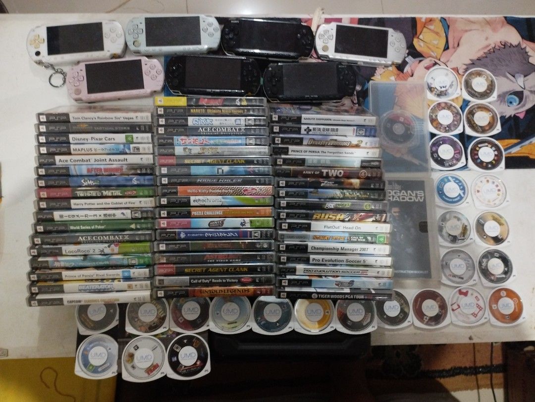 Psp games (Category: PlayStation) located in Cavite. Submitted by gamebear27 (Listing ID 1439876184, Image 1). Description: 7 Sony PSP(SOLD) 1.Pink working need LCD replacement no battery and no battery cover. 2.Blue not working 3.White working eject button broken no battery cover. 4.Black working no battery cover not reading umd JAILBROKEN na Sha 5.Grey working JAILBROKEN na not reading umd 6.Black fat working no battery JAILBROKEN umd reader no