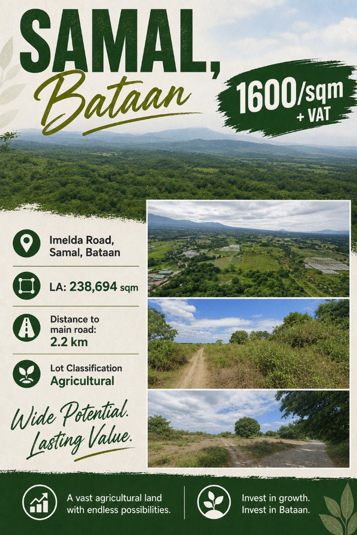 SAMAL, BATAAN LAND FOR SALE (Category: Lot) located in Mandaluyong City. Submitted by Kuaima_Realty (Listing ID 1439901026, Image 1). Description: 📍 Imelda Road, Samal, Bataan Prime Agricultural Land Opportunity ✔️ Lot Area: 238,694 sqm ✔️ Lot Classification: Agricultural ✔️ Distance to Main Road: Approx. 2.2 km ✔️ Ideal for farm development, investment, land banking, or future projects 💰 Price: PHP 1,600/sqm + VAT Message now for inquiries and
