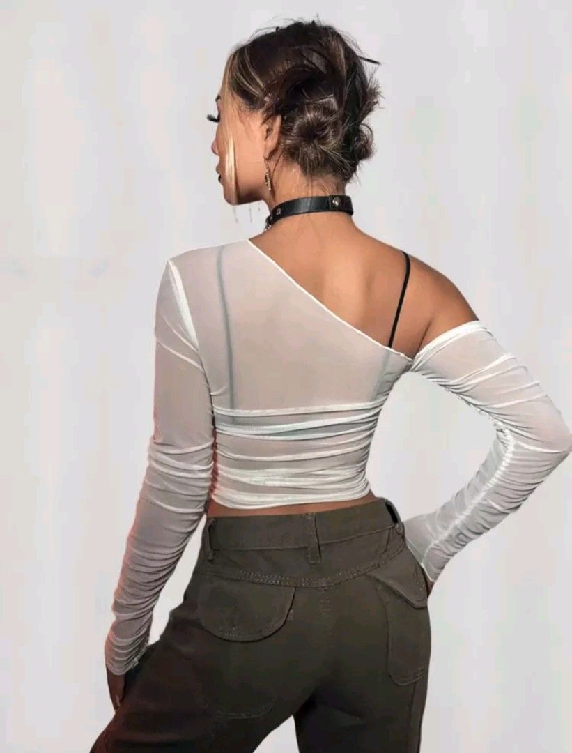 SHEIN ICON Asymmetrical Neck Sheer Mesh Top Without Bra (Category: Longsleeves) located in Makati City. Submitted by sureina09 (Listing ID 1439927873, Image 2). Description: .