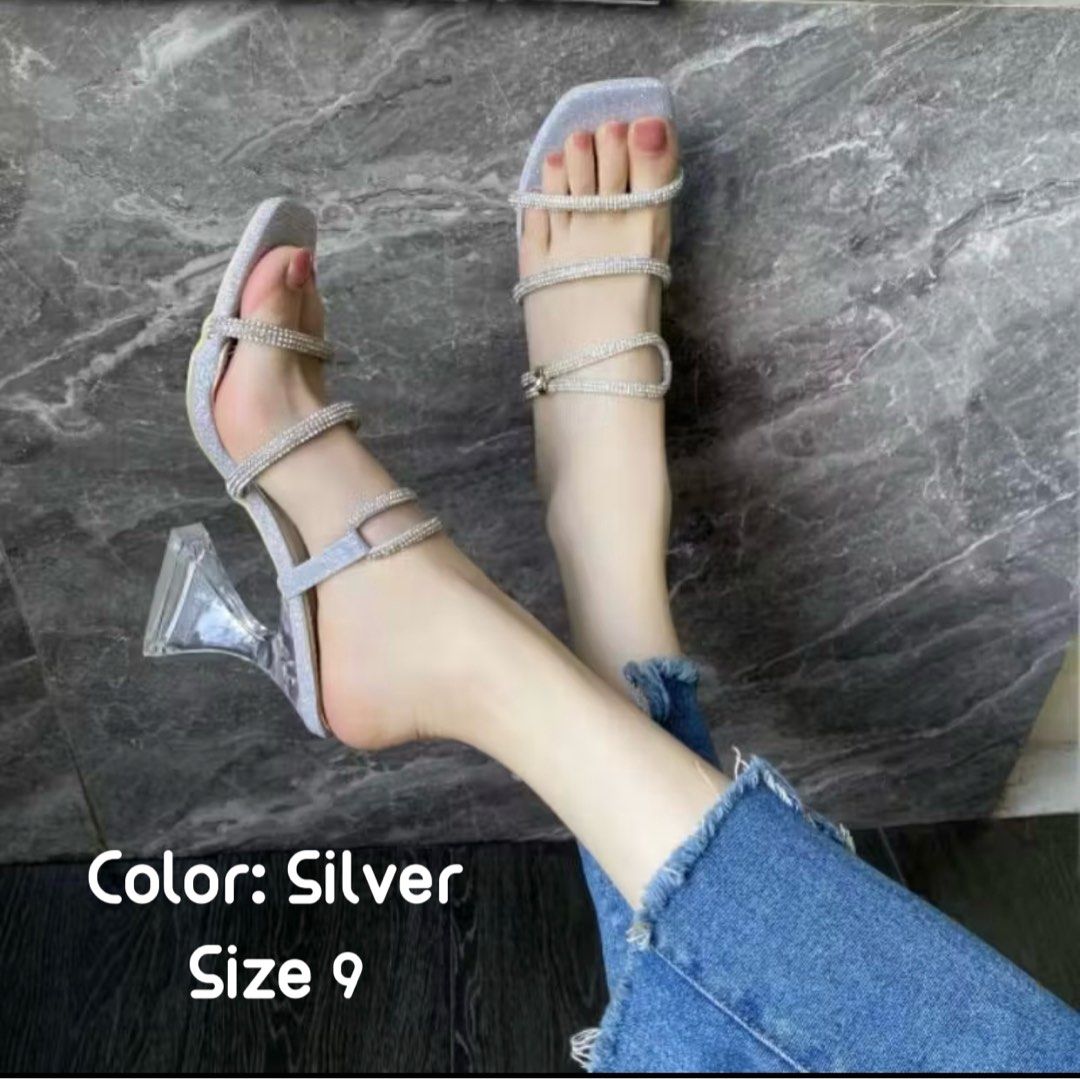 Silver Rhinestone Size 9✨ (Category: Heels) located in Bulacan. Submitted by Spothings (Listing ID 1439841914, Image 1). Description: 🔹Used once only 🔹ginamit lang sa kasal 🔹like new - Silver sandals with rhinestone straps - Square toe design - Clear, chunky heel - Multiple straps for secure fit - Perfect for special occasions.
