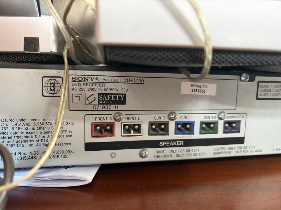 Sony HCD-DZ30 DVD Receiver with Speakers (Category: Soundbars, Speakers & Amplifiers) located in Quezon City. Submitted by angeloco (Listing ID 1439842944, Image 2). Description: - Sony HCD-DZ30 DVD receiver system - Includes front, surround, center, and subwoofer speakers - Power: 80W - Voltage: 220-240V - Comes with original speakers and wiring - Serial Number: 3161655 Best offer before May 31.