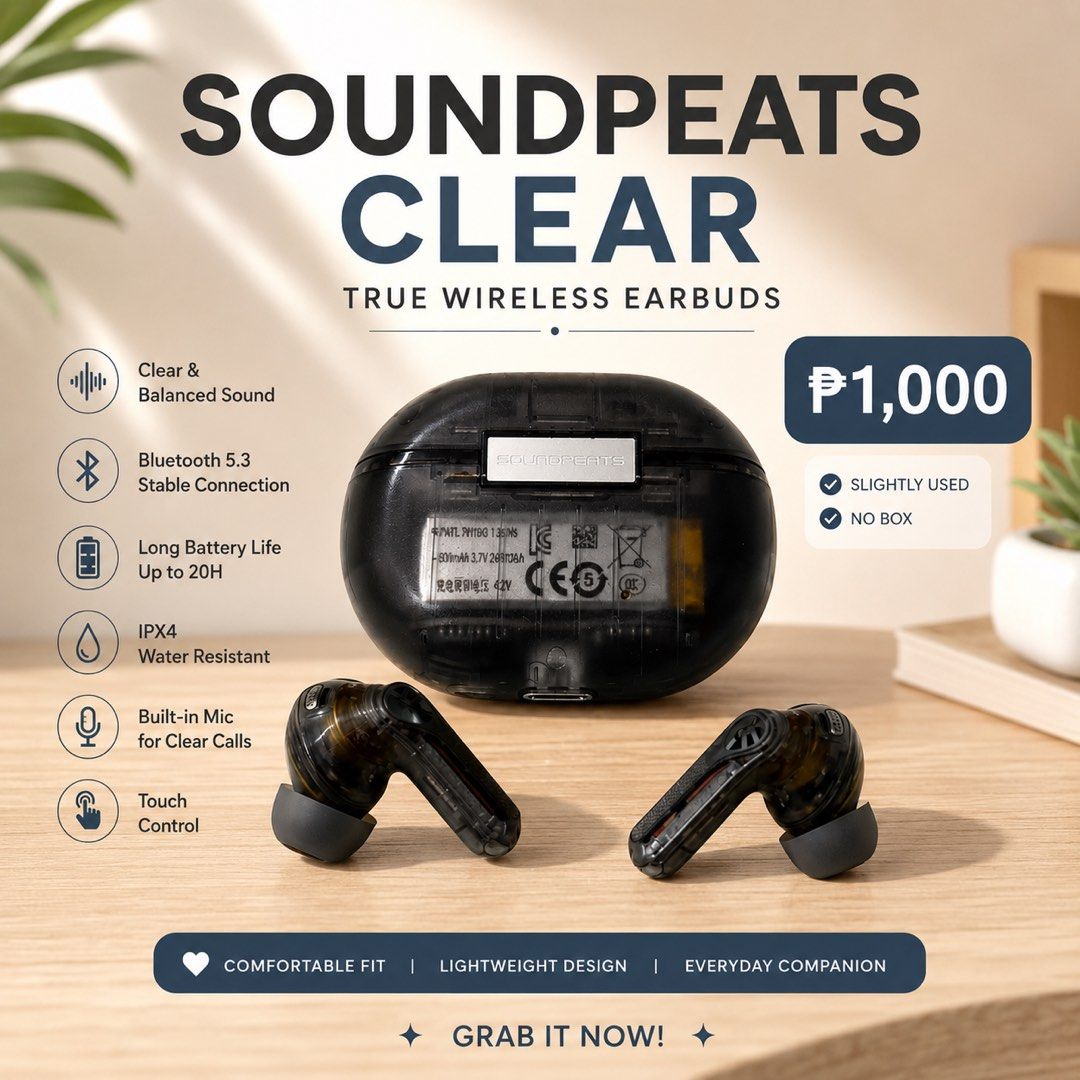 SOUNDPEATS CLEAR True Wireless Earbuds Bluetooth 5.3 (Category: Earphones) located in Muntinlupa City. Submitted by latrax2001 (Listing ID 1439947168, Image 1). Description: Soundpeats Clear earbuds: Stable Bluetooth 5.3, IPX4 water resistant, 20-hour battery. Comfortable and lightweight for daily use..
