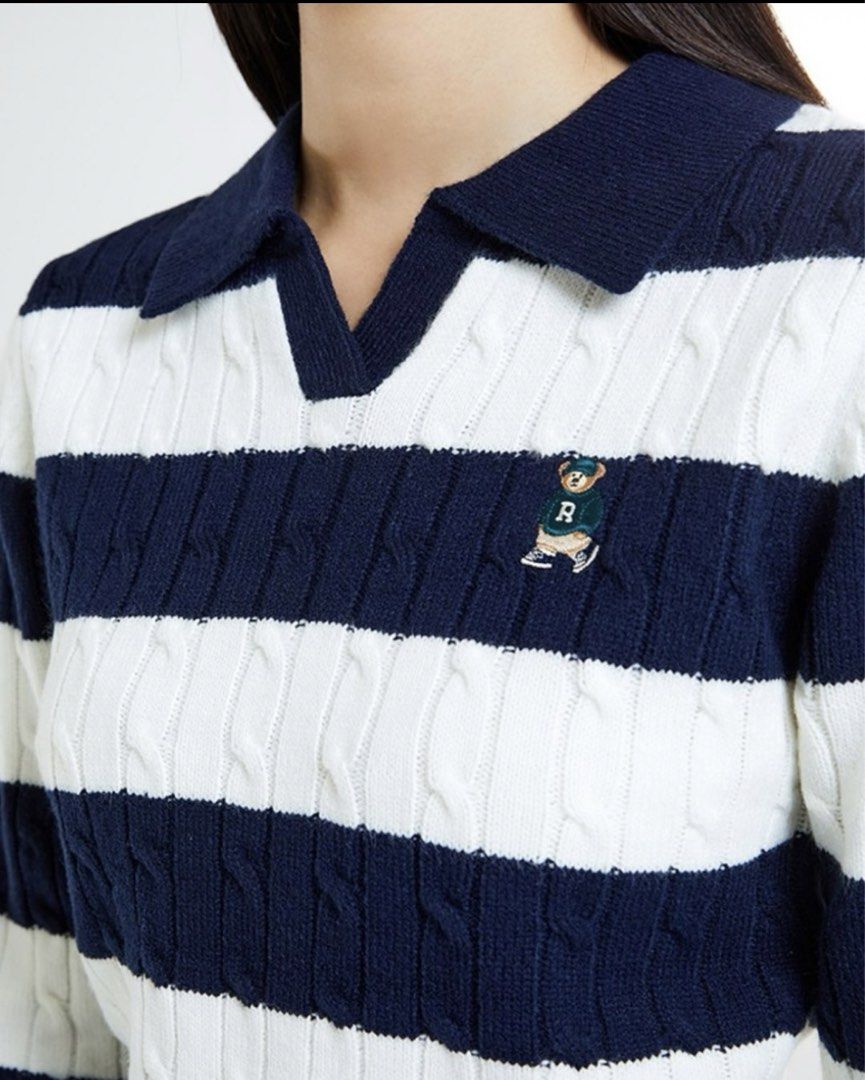SPAO Striped Knit Polo Sweater (Category: Longsleeves) located in Liloan. Submitted by 0tine08 (Listing ID 1439847384, Image 3). Description: - SPAO knit polo sweater - Navy and white stripes - Small bear embroidery - Collared neckline - Long sleeves - Size: S - Cropped style.
