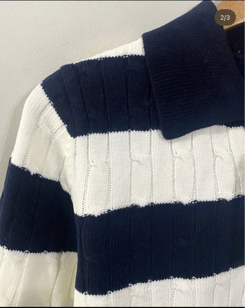 SPAO Striped Knit Polo Sweater (Category: Longsleeves) located in Liloan. Submitted by 0tine08 (Listing ID 1439847384, Image 2). Description: - SPAO knit polo sweater - Navy and white stripes - Small bear embroidery - Collared neckline - Long sleeves - Size: S - Cropped style.