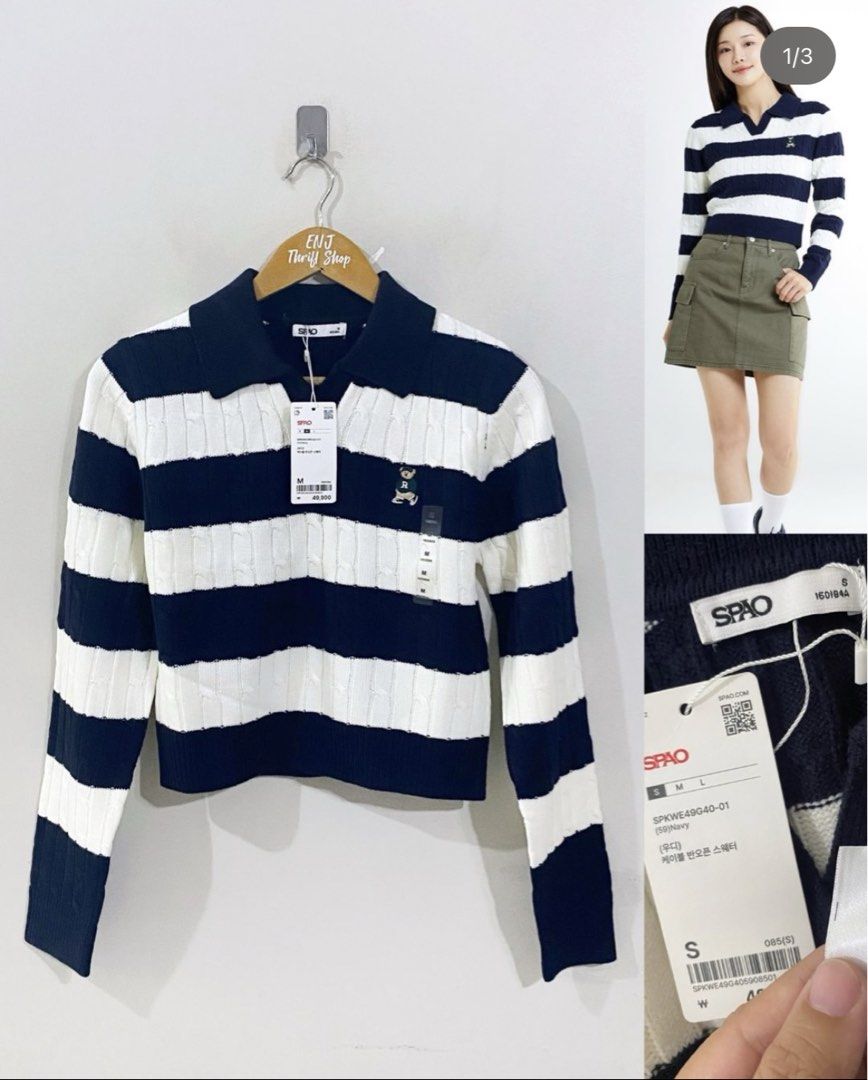 SPAO Striped Knit Polo Sweater (Category: Longsleeves) located in Liloan. Submitted by 0tine08 (Listing ID 1439847384, Image 1). Description: - SPAO knit polo sweater - Navy and white stripes - Small bear embroidery - Collared neckline - Long sleeves - Size: S - Cropped style.